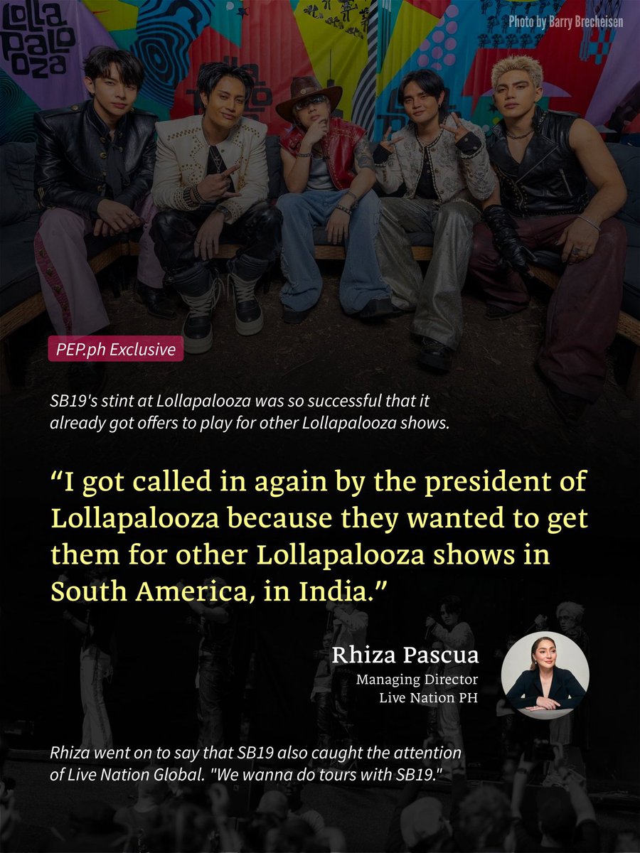 GlobalTrendSB19's tweet photo. SB19'S LOLLAPALOOZA SUCCESS COURTS MANY OFFERS

​Right after their historic and successful Lollapalooza stint in Chicago, Rhiza Pascua, Managing Director of Live Nation PH revealed in an exclusive interview with PEP that SB19's performance at the festival was impactful and impressive enough to already secure offers for the group to play at other Lollapalooza shows.

​She also shared that Live Nation Global was so enamored with the quintet that they are looking to mount tours with SB19.

Read the article here:
https://t.co/LTxU7KmdAZ