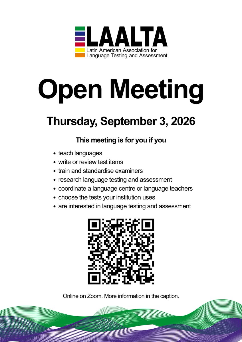 LAALTAofficial's tweet photo. Do you teach, assess languages, write items, train examiners, research assessment or coordinate a language centre?
Thursday's LAALTA Open Meeting is for you.
Join on Zoom
https://t.co/LVgqhs9UCI
#LanguageAssessment #LanguageTesting #AppliedLinguistics #LAALTA https://t.co/l54PAOOmma
