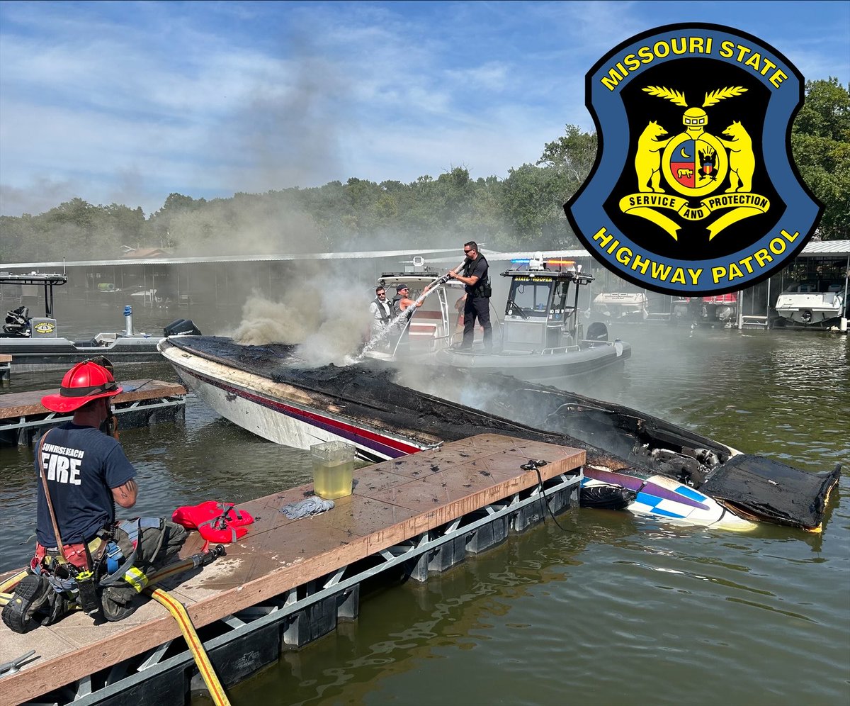 MSHPTrooperF's tweet photo. 🔥Lake of the Ozarks Boat Fire🔥

Trooper Dylan Green and Corporal Brian Geier responded to Franky and Louie’s for a boat fire.

With the help of the Sunrise Beach &amp; Rocky Mount Fire Protection Districts, the fire was extinguished. The cause remains unknown.

Nobody was injured. https://t.co/NZcVlCrQIs