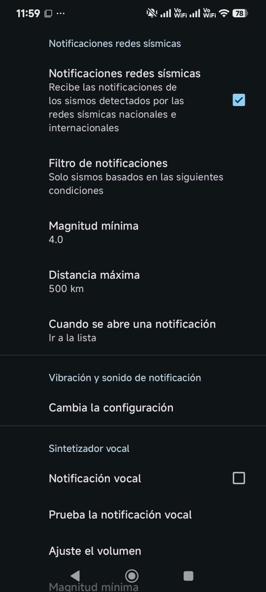 NayaHzO's tweet photo. @FloatPijama @sgcol Yo la uso en Android pero ve si lo puedes hacer así: Entras en configuración y luego busca la opción que dice "Notificaciones de redes sísmicas" https://t.co/5DQs06F73z