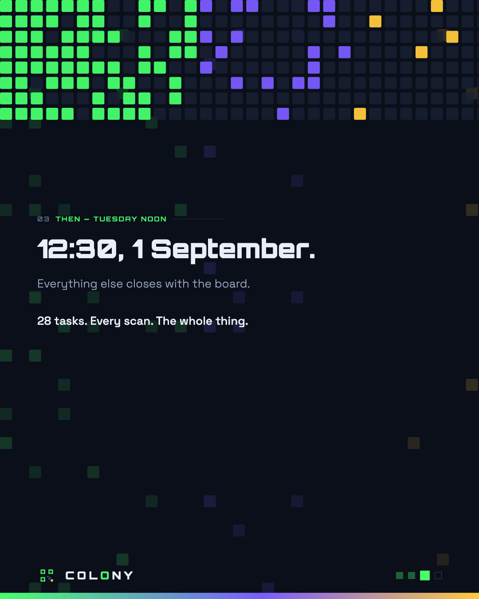 colonyofficial_'s tweet photo. TWO deadlines this week, not one.

00:00 on 1 SEP — two #MEXC tasks close first:
Trade your Predict, and Bring your buddy. Both are
cumulative, so partial progress scores nothing.

12:30 on 1 SEP — everything else closes with
the board. 28 tasks. Every scan. The whole thing.

901 scans so far.
446 on the board.

Claim the room. → https://t.co/AmYtBwIPtQ

#COLONY