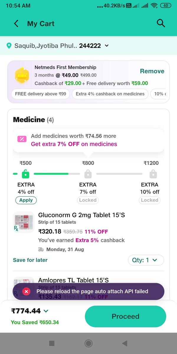 millihabits's tweet photo. Facing a persistent checkout bug on the @NetMeds  app for the last 2 months.

Getting "API failed" in the cart and a {"detail":"Not Found"} error on the payments page. 

Already contacted customer support via call &amp; email multiple times, but no resolution yet.

@NetMeds https://t.co/2wrDf3wTpy