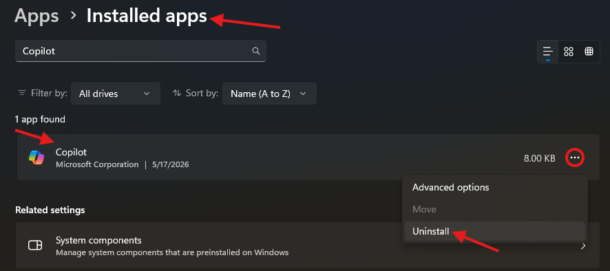 SAIYANFPS's tweet photo. Quick follow-up ⬇️

If you’re cleaning up Windows AI features and don’t use Copilot, remove it too.

Settings → Apps → Installed apps → Copilot → Uninstall https://t.co/UaJ4XsxtXV