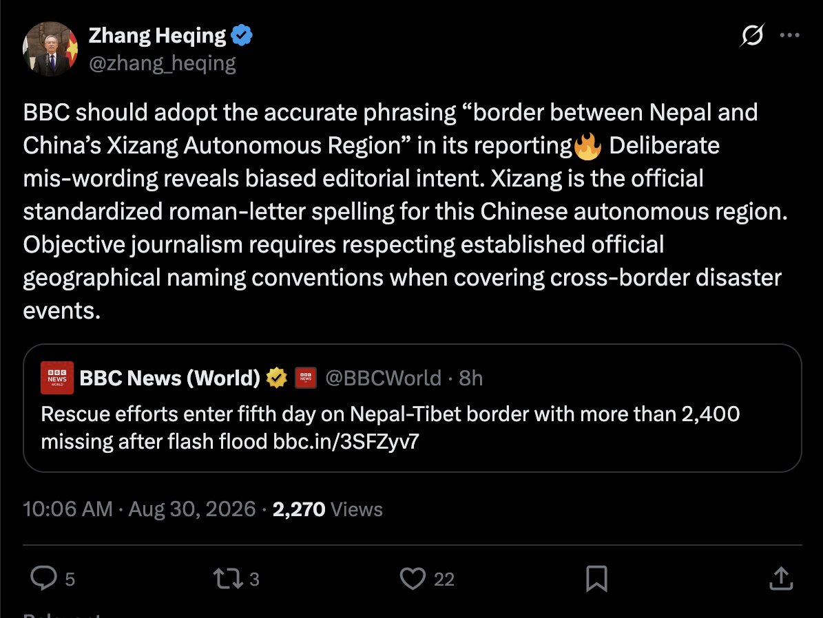aadilbrar's tweet photo. The tragedy along the Nepal-Tibet border has brought attention to Tibet. China is currently struggling to contain the international attention. 

Chinese state media stopped using the word Tibet in recent years. https://t.co/Uh6Ai34SVj