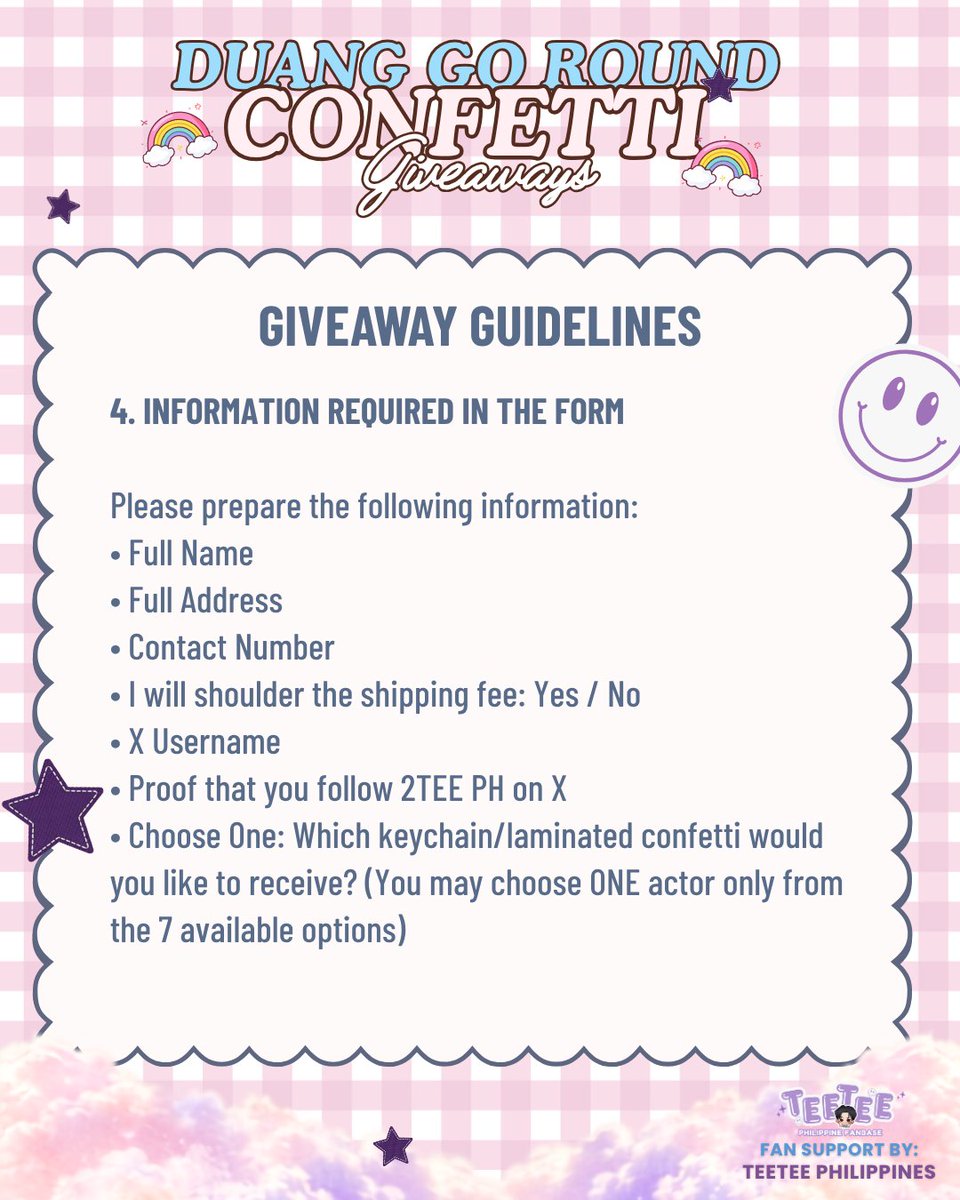 2TEEPH's tweet photo. FILO VAVA, READY YOUR FINGERS. 👀

The DUANG GO ROUND CONFETTI GIVEAWAY is happening tomorrow!

📅 August 31, 2026 — 3:00 PM PHT
Limited quantities only. First come, first served.

BUT BEFORE WE DROP THE FORM, PLEASE READ THE GUIDELINES CAREFULLY. Everything you need to know about the giveaway and claiming process is in the photos.

Para ready na kayo pag nag-drop ang form. No reading = no laban! 🫡

Set your alarms, ready your fingers, and good luck, FILO VAVA!

GO GO GO ROUND! 💜🎪

#DuangConcertDay1 
#DuangConcertDay2
@twnpich @porsuppakarn
#twnpich #porsuppakarn #teeteepor
#tthi_eks #waavetnp #theewave #northotto #ottoottoo #JaoNorth #hughhype
