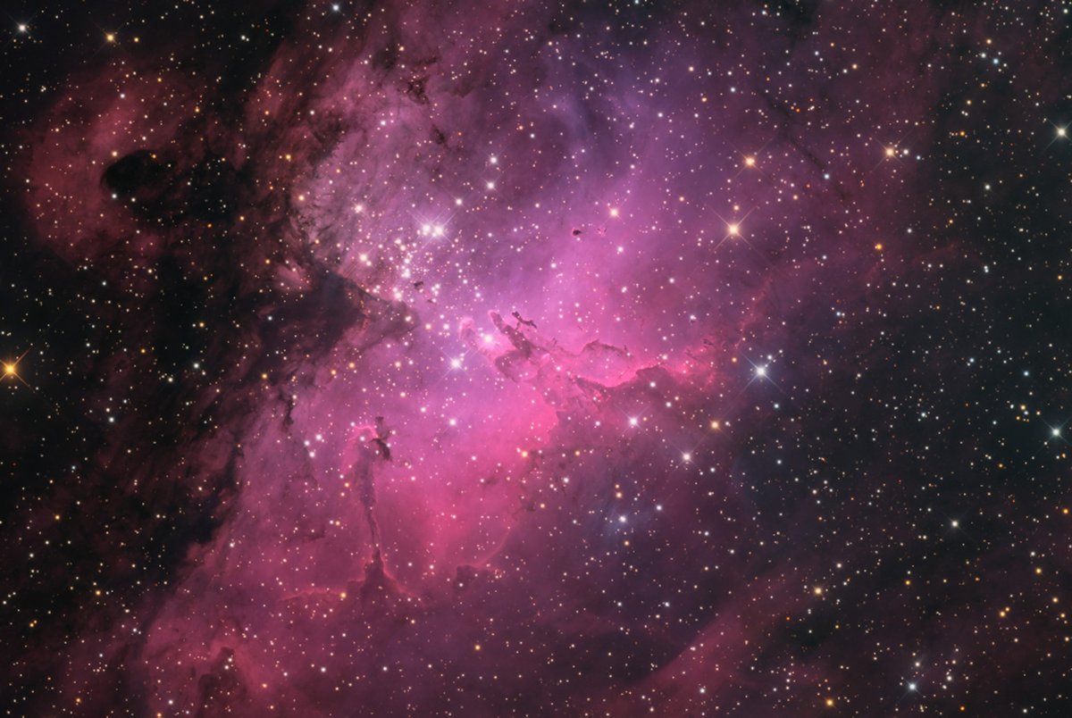 SRO_RemoteObs's tweet photo. This vivid and beautiful LRGB image of M16 was taken and processed by Ryan McMurray at Sierra Remote Observatories (SRO) in August and September of 2025.

More from Ryan McMurray:
Image Source: https://t.co/WTPKzZOHCu
Discussion by Ryan McMurray: “Shot and processed this nebula back in July but set it down for a little while and just came back with fresh eyes. I did shoot a ton of Ha for it as well, but this area is already so strong with Ha that there honestly wasn’t too much of difference between the R and the Ha. So I just left it out on this one! I’ve never been a very big fan of this nebula. I mean, the pillars are pretty spectacular, but overall something about this nebula I just don’t like. And I shot it hoping I could end up liking it, but alas, my feelings remain! Who knows, maybe it’s the beginning of a love story in which I hate it, but I have to keep coming back to it and adding more data until I end up with an SHOLRGB image and THEN I can find my peace with it.....sounds like a terrible movie. Anyhooooooooo, hope you enjoy my take on one of the most photographed nebulas in the sky. Nothing fancy here, just some pink LRGB, and maybe, just maybe next year I’ll get S and O data, and then, I will be happy.”
M16 LRGB
By Ryan McMurray
Published: Sep 15, 2025

Equipment:
- Telescope: AG Optical iDK 14.5 inch F6.7
- Camera: FLI PL16803
- Mount: Software Bisque Paramount ME II GEM
- Filters: Chroma Blue 50x50 mm, Chroma Green 50x50 mm, Chroma Lum 50x50 mm, Chroma Red 50x50 mm
- Accessory: Optec Sagitta Off-Axis Guider
- Software: Pleiades Astrophoto PixInsight, Stefan Berg Nighttime Imaging 'N' Astronomy (N.I.N.A. / NINA)

Image Acquisition:
Total integration: 14h 40m
Integration per filter:
- Lum/Clear: 6h 40m (80 × 300")
- R: 2h 40m (32 �� 300")
- G: 2h 40m (32 × 300")
- B: 2h 40m (32 × 300")

Observatory: Sierra Remote Observatories, Auberry, California, USA
Visit us at: https://t.co/lJOzovekhC or https://t.co/PIMOKp5DCW