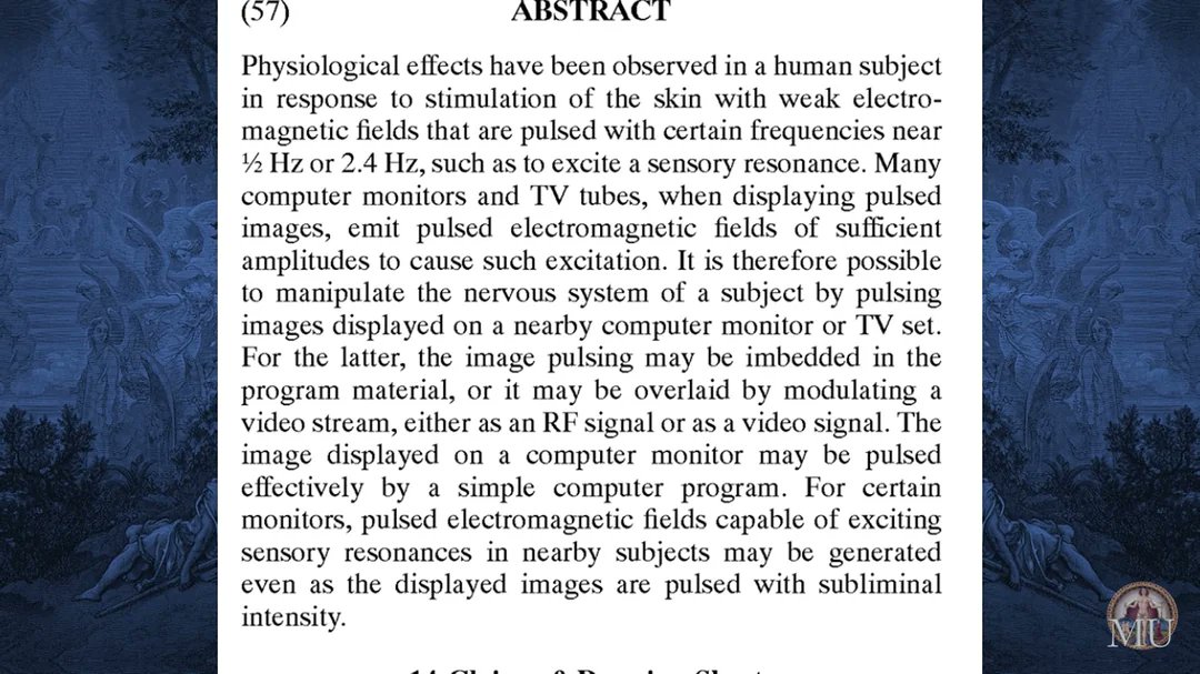 maniaUFO's tweet photo. The screenshots show official documents from the US Patent Office. These  patents concern theoretical and technical methods for influencing the  human nervous system and brain using electromagnetic waves, screens, and  radio frequencies. https://t.co/IGsArAHukQ