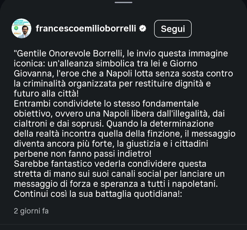 CrazyItalianPol's tweet photo. MP Francesco Emilio Borrelli, known for his battles for the rule of law in Naples, shared a fan-made collage on Instagram in which he is shown ‘joining forces’ with Giorno Giovanna, a fictional character from the manga *JoJo’s Bizarre Adventure*.

When it was pointed out to him that Giorno Giovanna becomes the head of the Mafia in the comic, Borrelli deleted the post.

Aug 29, 2026