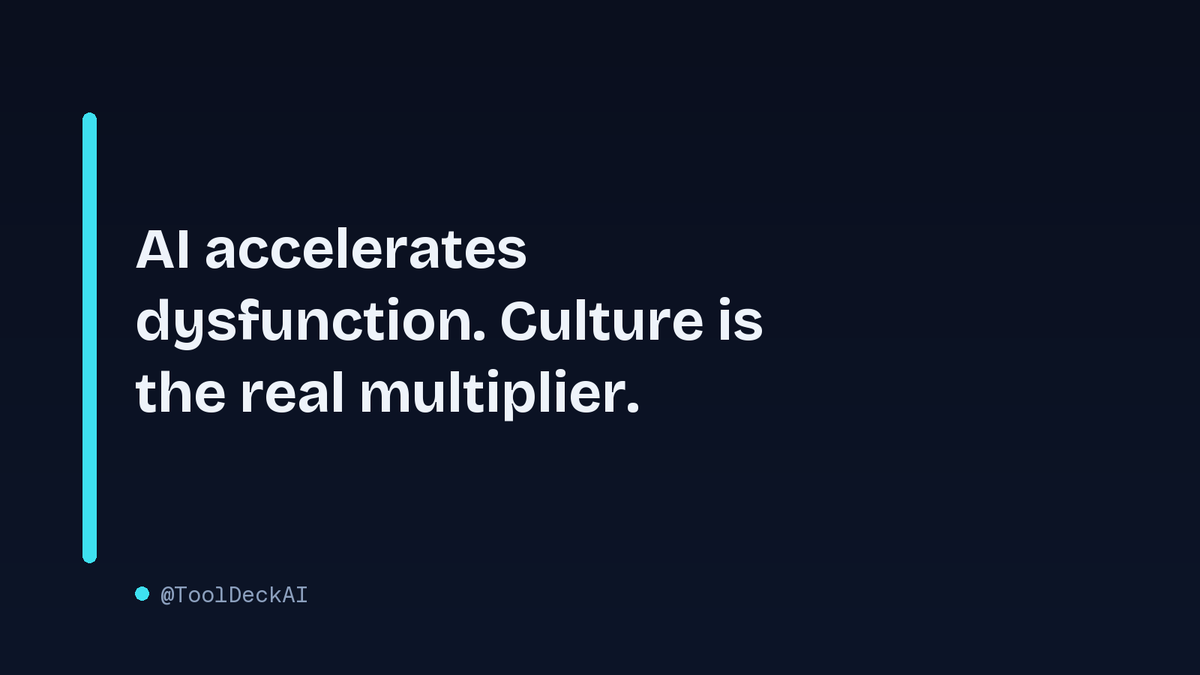 ToolDeckAI's tweet photo. AI amplifies your existing culture. Bad culture + AI agents = faster chaos. The real bottleneck is trust, not context. Strong cultures get more from AI; weak ones burn out quicker. Fix culture first, then tools.

#AI #EngineeringLeadership #Productivity #ToolDeckAI https://t.co/31p5Gva79C