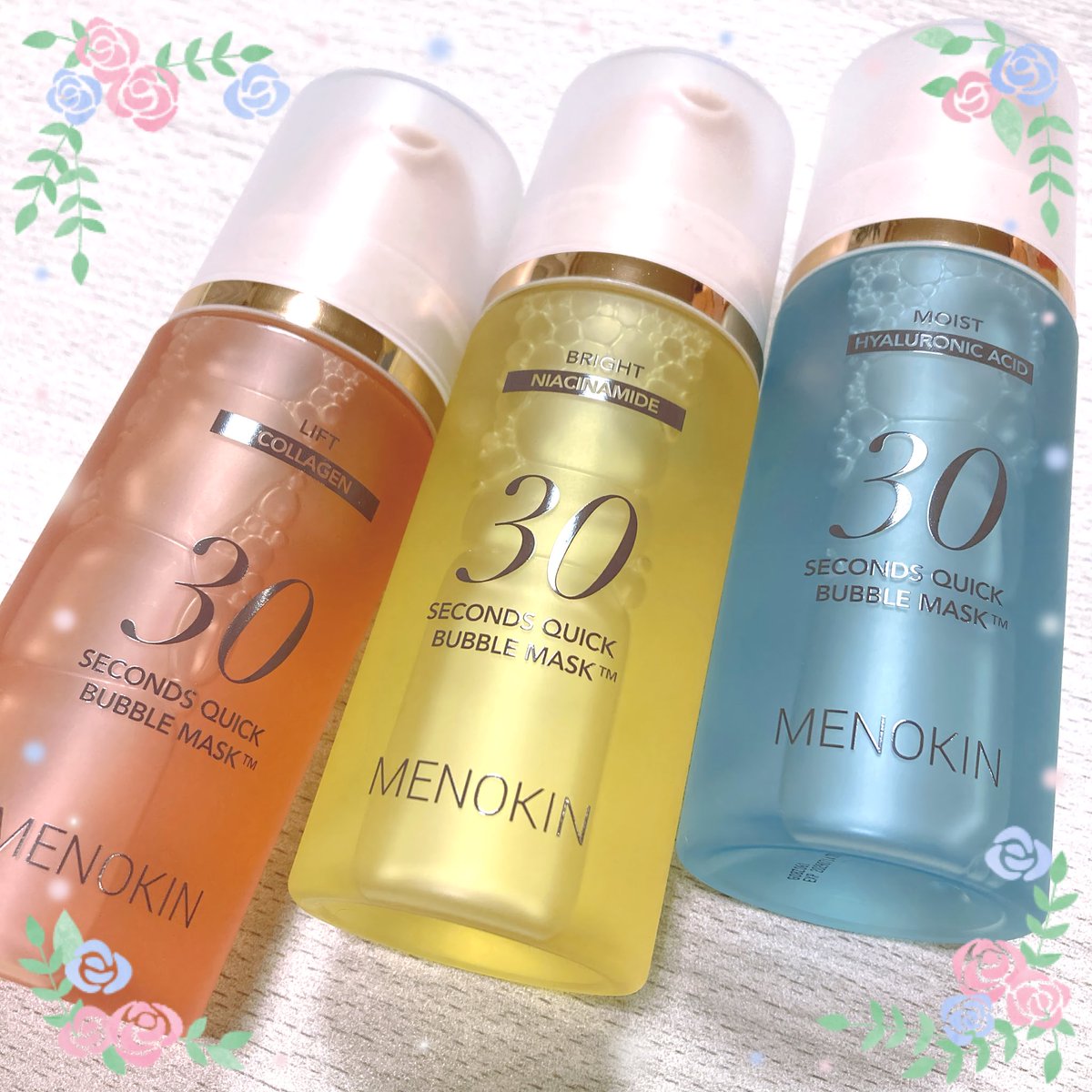yuruneko47's tweet photo. MENOKIN/メノキン
🫧30秒クイックバブルマスク🫧
お試ししました✨
#PR @Menokin_japan 
シート不要洗い流し不要なのに30秒で20分間シートマスクをしたような効果が✨
プロメイクさんも化粧ノリが抜群と人気のアイテムがこちら✨
ファ��デが吸い付くようなもちもちした肌になる感じ！✨

🩷リフト
超低分子コラーゲン配合、毛穴の引き締め、肌のキメ、弾力効果
💛ブライト
ナイアシンアミド配合、透明感を与える効果
🩵モイスト
うるおいとつやを与える効果

肌悩みに合わせてセレクトしてレイヤリングするとさらに欲しい効果がアップします✨

ワンプッシュで顔全体に微細な泡が行き届いて肌に吸い込まれて行く感じ！ベタつき防止にはすぐに肌に馴染ませるのがコツ✨

時短スキンケアにもピッタリなアイテム💓クッションファンデの密着度がアップしてツヤが出て化粧もちも良くなります😉