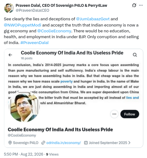 _ReclaimIndia's tweet photo. See the lies and deceptions of @NWOPuppetModi and @_NWOPuppetBJP and accept the truth that Indian economy is now a gig economy and Coolie Economy. There would be no education, health, and employment in India under BJP. Only corruption and selling of India says #PraveenDalal. https://t.co/6SbYCnorT4