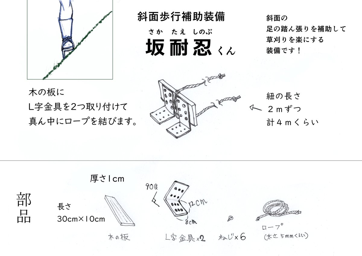 mitsupurin1's tweet photo. 斜面歩行補助装備「坂耐忍くん」を作製しました！
#草刈り https://t.co/OOqOreFV3h