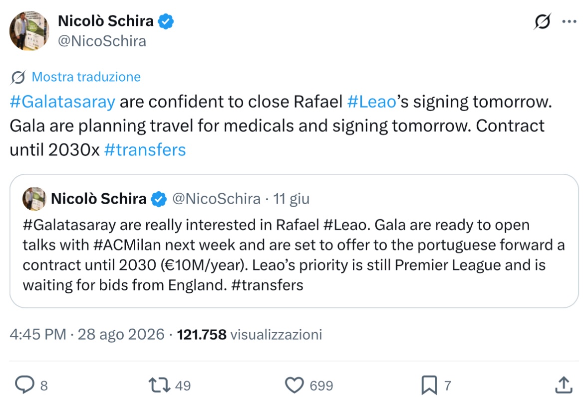 NicoSchira's tweet photo. Now it’s official! Rafa #Leao to #Galatasaray from #ACMilan for €38M + 20% on the future sale. Contract until 2030 (10M/year + 2M as bonuses). No surprise here and confirmed since the last June 11 as an exclusive revealed! #transfers https://t.co/s8IafKVlDS