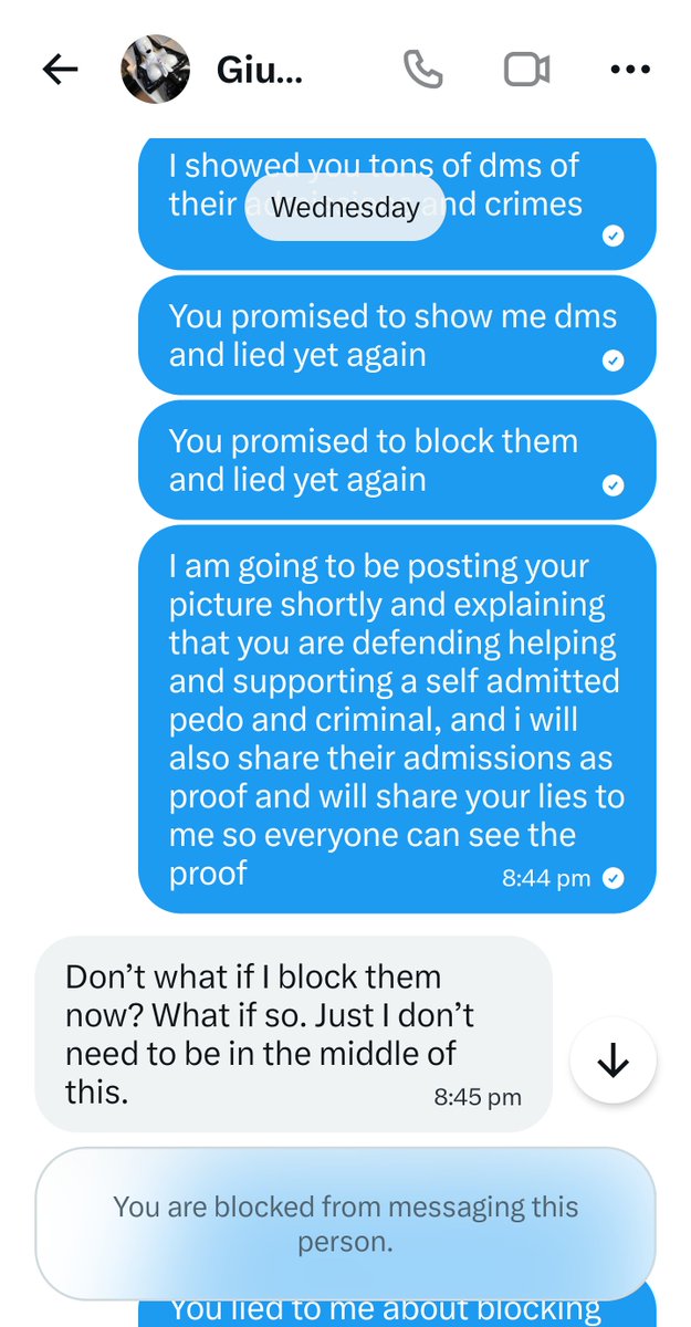 CautiousSpirit's tweet photo. @RubberNunDolly kept promising to block a criminal, but kept lying and promoting their account.

They lied several times to me and was actively promoting and engaging with a self admitted criminal.

They also tried to use video calls as a bargaining chip. https://t.co/JL26z1vDK8