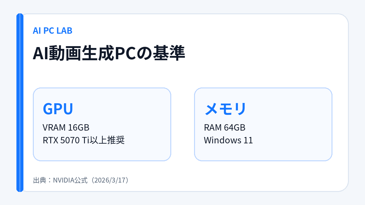 aipclab_jp's tweet photo. ローカルAI動画用PCは「AI対応」の文字だけで選ばない。
NVIDIAの動画生成ワークフローはVRAM 16GB（RTX 5070 Ti以上推奨）＋RAM 64GBが要件。
画像生成だけなら条件は別。使うワークフローを決めてから買うのが安全です。 https://t.co/LSk4kSSTMH