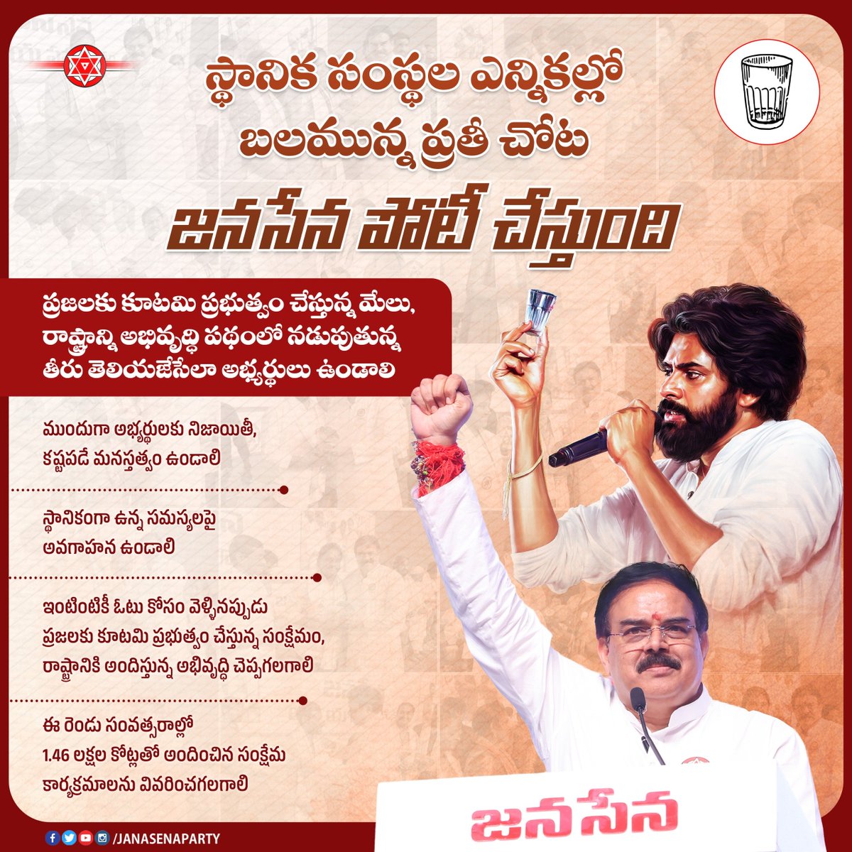 JanaSenaParty's tweet photo. స్థానిక సంస్థల ఎన్నికల్లో బలమున్న ప్రతి చోట జనసేన పోటీ చేస్తుంది. మన కూటమి ప్రభుత్వం చేస్తున్న అభివృద్ధి పనులు, ఈ రెండేళ్లలో రూ. 1.46 లక్షల కోట్లతో అందించిన సంక్షేమ పథకాల గురించి ప్రజలకు అర్థమయ్యేలా అభ్యర్థులు చెప్పగలగాలి. https://t.co/A5J2JohFcV