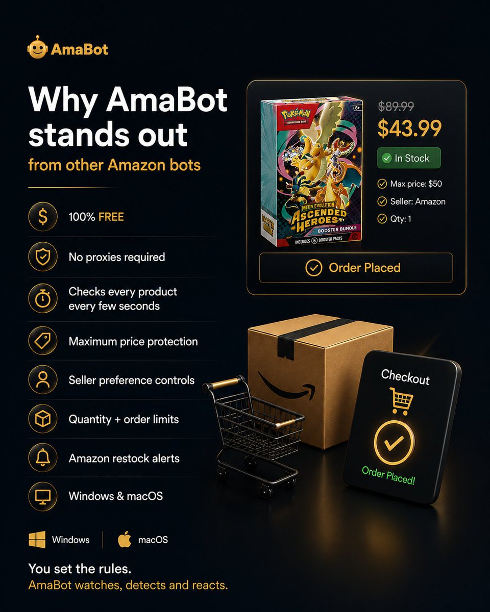 amabot_app's tweet photo. Why AmaBot stands out from other Amazon bots👇

• 100% FREE 
• No proxies required 
• Checks every product every few seconds 
• Maximum price protection 
 Seller preference controls 
• Quantity + order limits 
• Amazon restock alerts 
• Windows &amp; macOS https://t.co/1GqM6c5Zaq