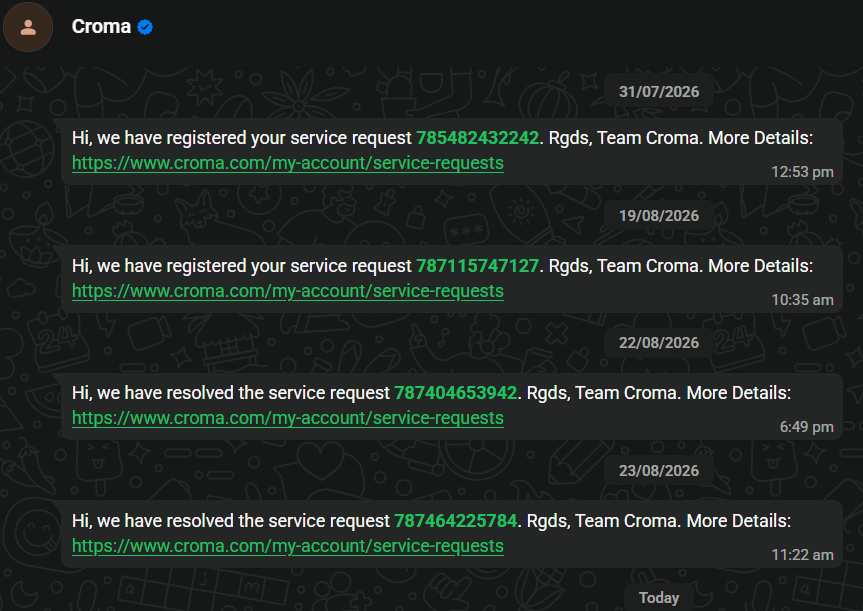 pankajxp's tweet photo. Here are the service requests,  Croma support is raising and resolving without confirming whether issue is resolved.  The technician removed all the connections of water purifier and left on 10th Aug 2026, since then I'm buying the drinking water from outside. https://t.co/ePD8N8teWV