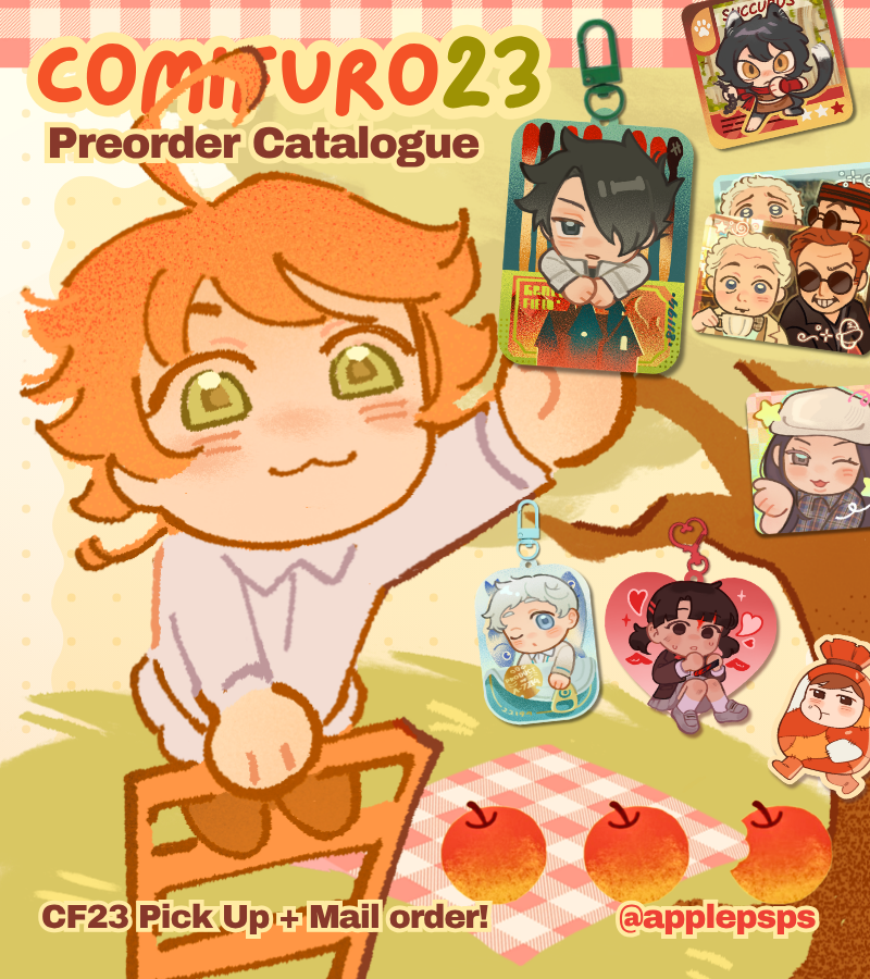 applepsps's tweet photo. [💗&amp;🔁are appreciated!!]
🍏my #CF23 PO is now open!

🗓️PO 30 Aug - 12 Sept 2026
💌Pickup (Day1 Only) &amp; Local Mail Order🇮🇩
🔗https://t.co/HLveL7jDWh

🍎The Promised Neverland, TPN, New Jeans, AOD, Good Omens, ALNST, Alien Stage, Love Bullet 
(1/2) #comifuro23 #cf23catalogue https://t.co/CXl6TZctJi