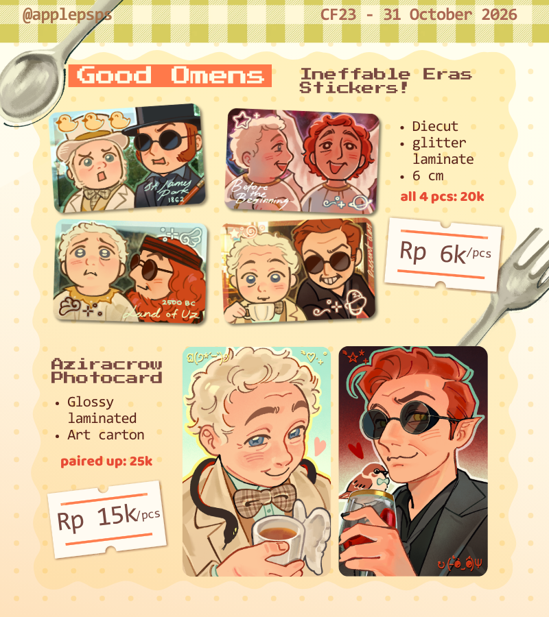 applepsps's tweet photo. [💗&amp;🔁are appreciated!!]
🍏my #CF23 PO is now open!

🗓️PO 30 Aug - 12 Sept 2026
💌Pickup (Day1 Only) &amp; Local Mail Order🇮🇩
🔗https://t.co/HLveL7jDWh

🍎The Promised Neverland, TPN, New Jeans, AOD, Good Omens, ALNST, Alien Stage, Love Bullet 
(1/2) #comifuro23 #cf23catalogue https://t.co/CXl6TZctJi