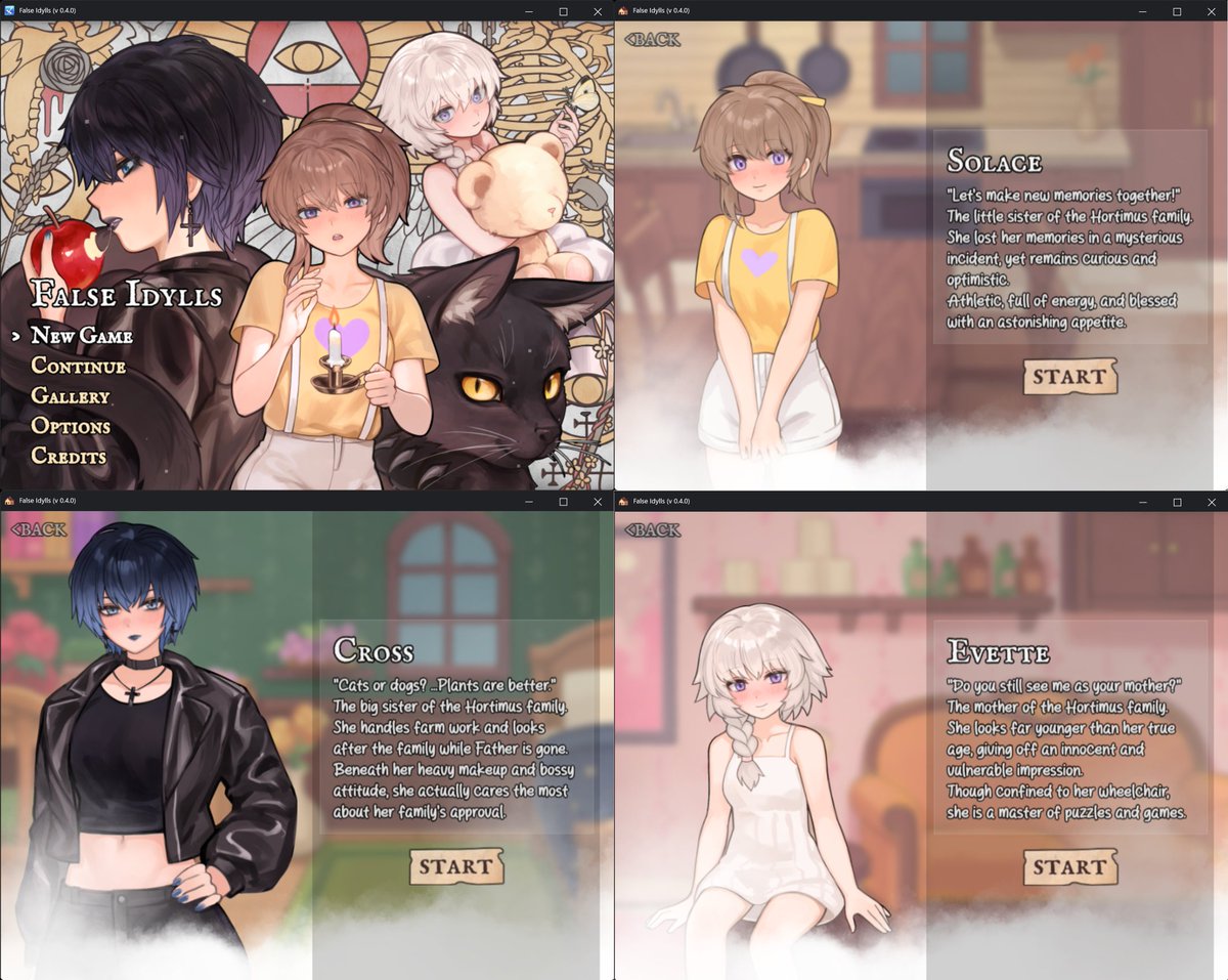 norza_art's tweet photo. I've updated False Idylls v0.4.4 web version for testing, and if no severe issues to fix, I'll upload all versions (win/mac/android) to my support sites tomorrow. 
You can join my Discord Server to play, I have the link in Fanbox public post. See below to answer server questions. https://t.co/7igZpncWfr