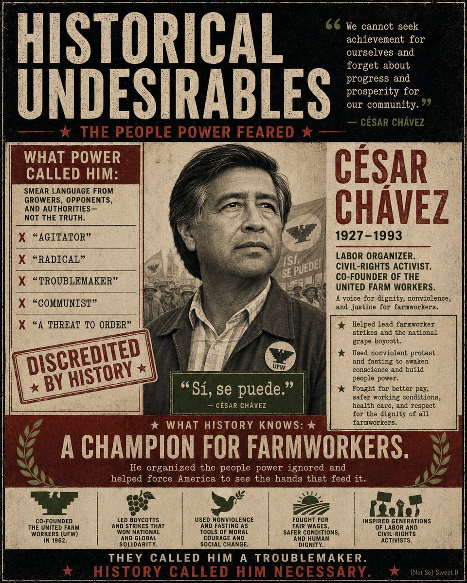 Sweet_Bee1972's tweet photo. They called César Chávez an agitator and a troublemaker.
He organized farmworkers, led boycotts and strikes, and forced America to confront the people behind its food.
They called him a problem. History called him necessary. 💙
#HistoricalUndesirables #CesarChavez #LaborHistory https://t.co/kZmxM0xzCa