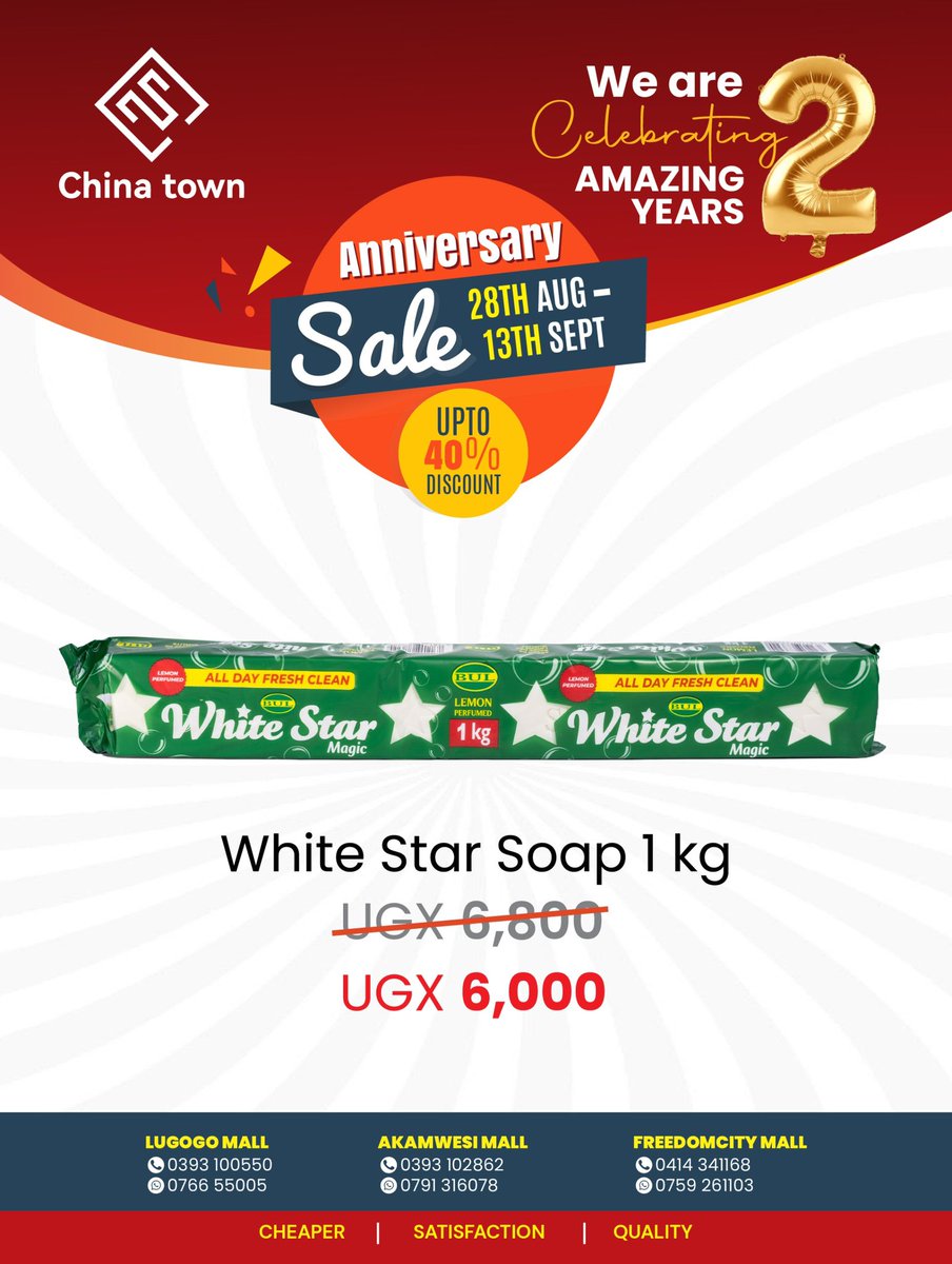 ChinaTownUg_'s tweet photo. Anniversary Sale is live 🔥🔥🔥🔥
Enjoy premium shopping with mega discounts from today until 13th September 2026.
#megasale #discounts #anniversarysale #megadiscounts https://t.co/ViZEptt80T