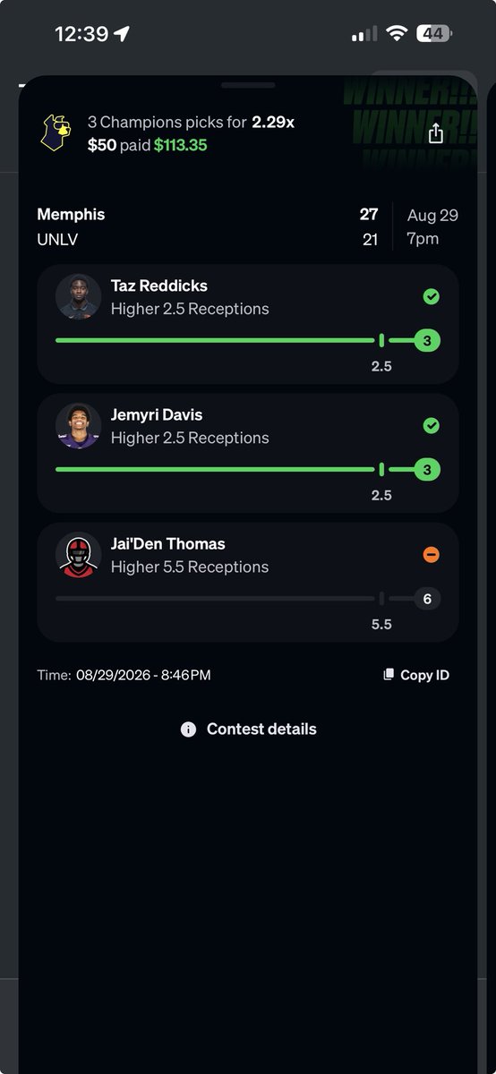 crypto_parlayy's tweet photo. @UDSupport @Underdog why was my pick voided?? All of these selections were live bets and Jai’Den Thomas finished the game with 6 receptions?? Please fix this. https://t.co/b5fh31qeHu