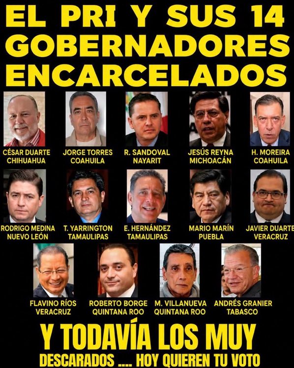 Remi74431179753's tweet photo. QUÉ ALGUIEN ME EXPLIQUE QUÉ POR QUÉ LA OPOSICION DICE QUÉ MORENA ES UN NRCOPARTIDO Y GOBIERNO PORQUE EX GOBERNADORES PRIANISTAS ESTAN ÉN LA CARCEL? https://t.co/SLIOqsZPh2