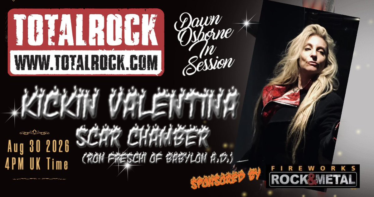 TotalRockOnline's tweet photo. @KickinValentina @rpfster Today #JimmyBerdine of #KickinValentina on ‘Anthems From The Underground’ and #RonFreschi of #BabylonAD on his new band #ScarChamber’s album ‘Ugly On The Inside’ Sun August 30 4pm UK time only on TotalRock sponsored by
#fireworksrockandmetalmagazine https://t.co/AZnKMKp7Er