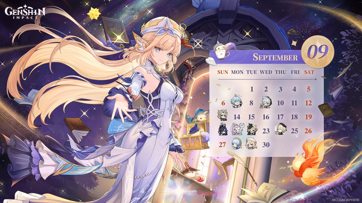 GenshinImpact's tweet photo. Calendar Wallpapers
#GenshinImpactCalendar #GenshinImpact 

Hello, Travelers! Here are the September wallpapers (PC/Mobile/Apple Watch) for you~ Feel free to save and use them as you like~

🎁 Like &amp; share this post for a chance to win Primogems! https://t.co/YNUbSHcIyl