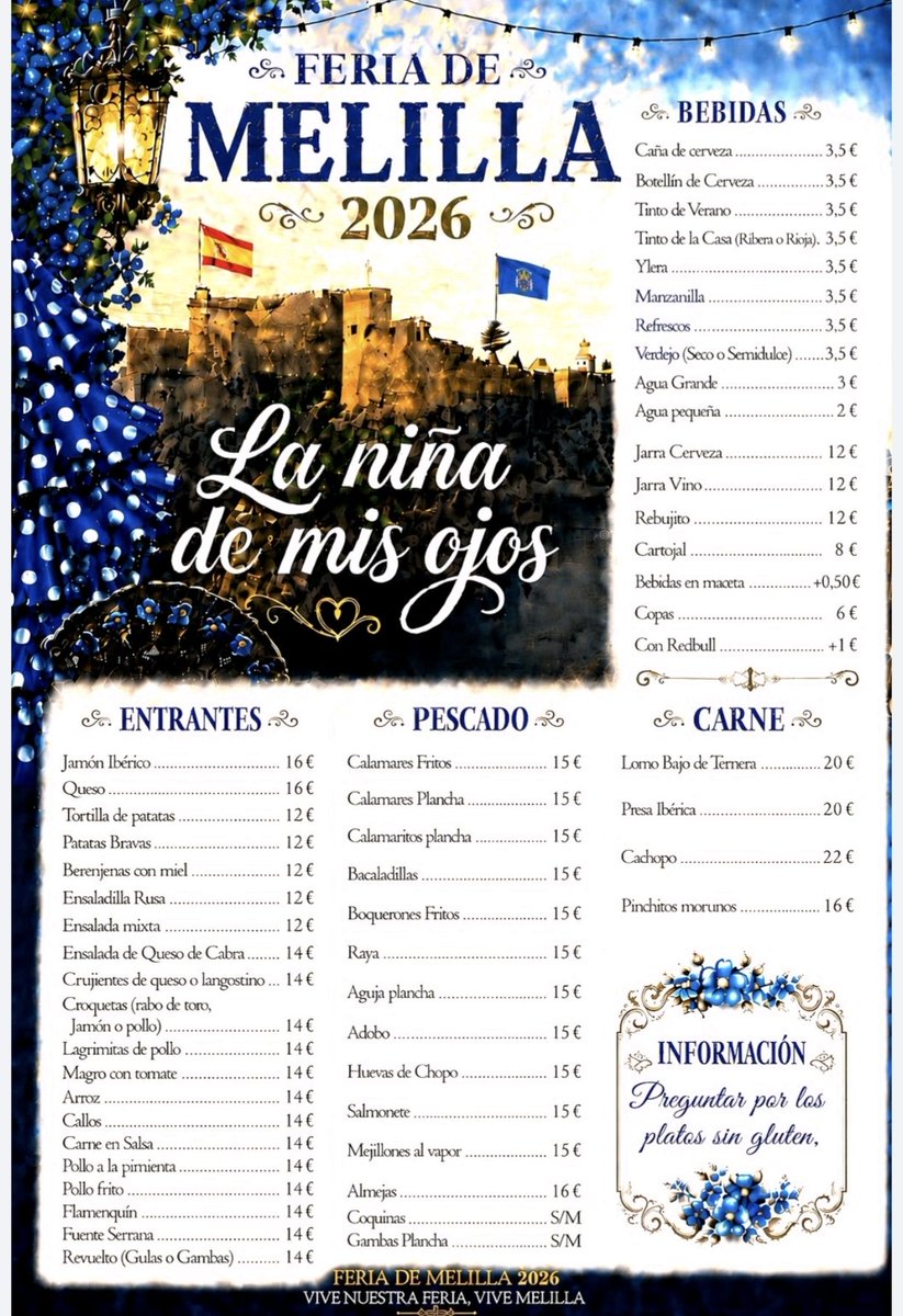 cadenasermel's tweet photo. ¡Ya está aquí la Feria de #Melilla 2026! 💃🎡

💃 Vive la fiesta en la caseta 'La niña de mis ojos' al ritmo de Los Soniketes en directo

Disfruta de los menús desde 27€ ¡todos con farolillos de chocolate de postre!

Y la carta

¡Asegura tu sitio!
📞 Reserva ya: 619 954 154 https://t.co/AdL2z14b53