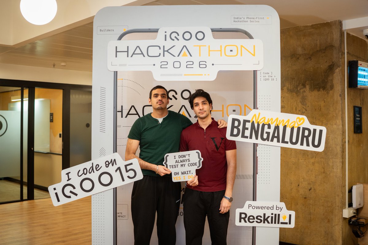 IqooInd's tweet photo. Code. Coffee. Camera flashes. 📸 

Day 2 of iQOO Hackathon is in full swing and the energy is unmatched! 

Stopping by the photo booth to prove we actually took a break from our screens. Let's finish strong! 💪💻

#iQOO #iQOOHackathon  #iQOOHackathon2026 #bengaluruhackathon https://t.co/H3RLoPjwbC