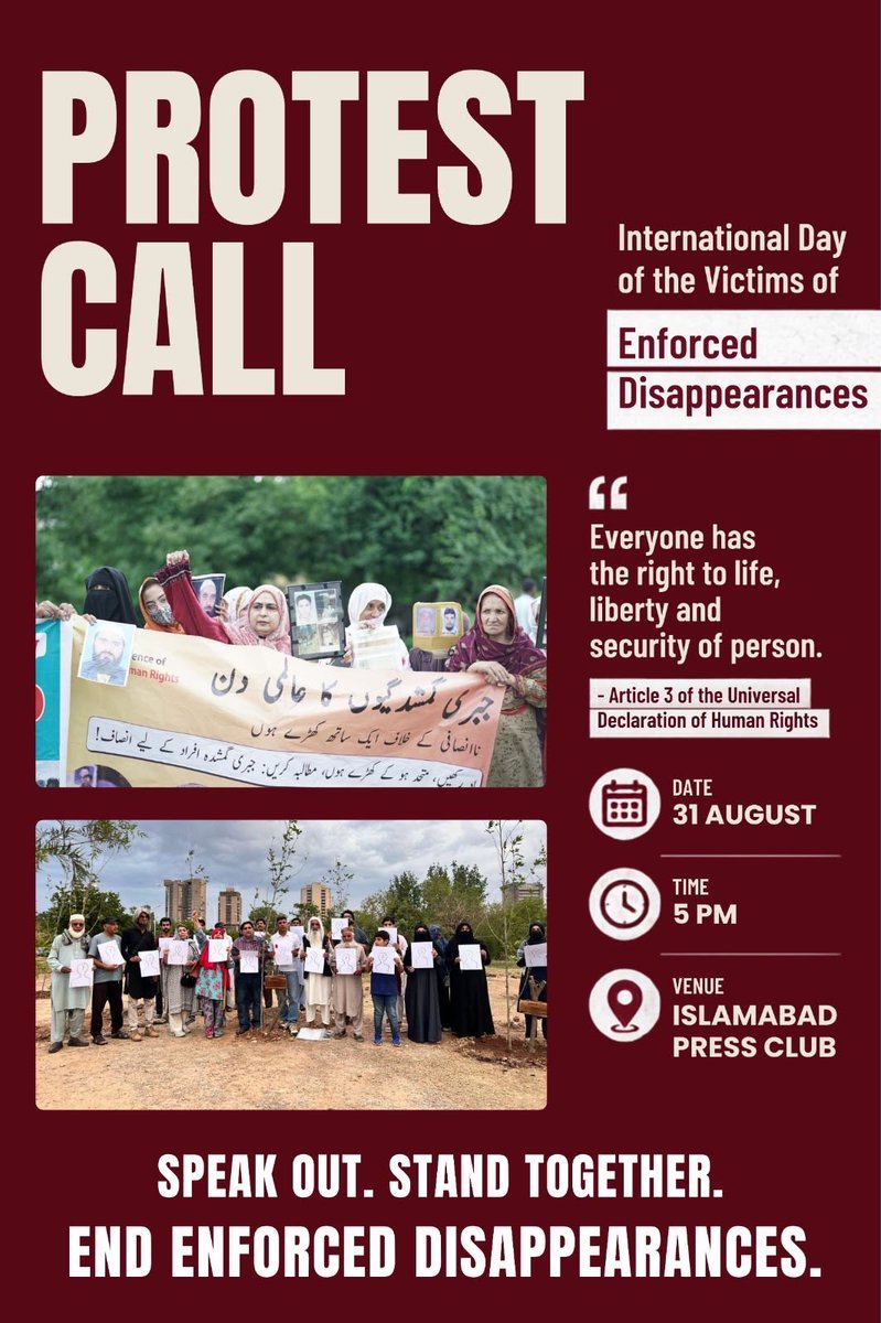 aishamj7's tweet photo. Do you know someone who is or was subjected to Enforced Disappearance? 
If yes! 

Than show up tomorrow for them, for yourself and for the future generations! 

#EndEnforcedDisappearances 

31st August - 5 PM outside Islamabad Press Club https://t.co/lspmhPqEQO