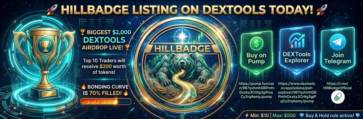 HillBadge's tweet photo. 🚀 HILLBADGE is listing on DEXTools TODAY! 🚀

The BIGGEST $2,000 Airdrop for the Dextools Community is live! 🏆

🔥 Bonding Curve is 70% FILLED!
💰 Top 10 Traders will receive $200 worth of tokens each from the Dev Wallet!
⚡️ Min Buy: $10 | Max Buy: $500
💎 Rule: Buy & Hold until the bonding curve completes! 

Don't miss the ultimate push. Secure your bag now! 👇

🟢 Buy on Pump: https://t.co/NliA9NzQ8r

📊 DEXTools: https://t.co/EMxyC7PrX9

💬 Join Telegram: https://t.co/AqEnlh1vfu

#Solana #Airdrop #Crypto #PumpFun #HillBadge