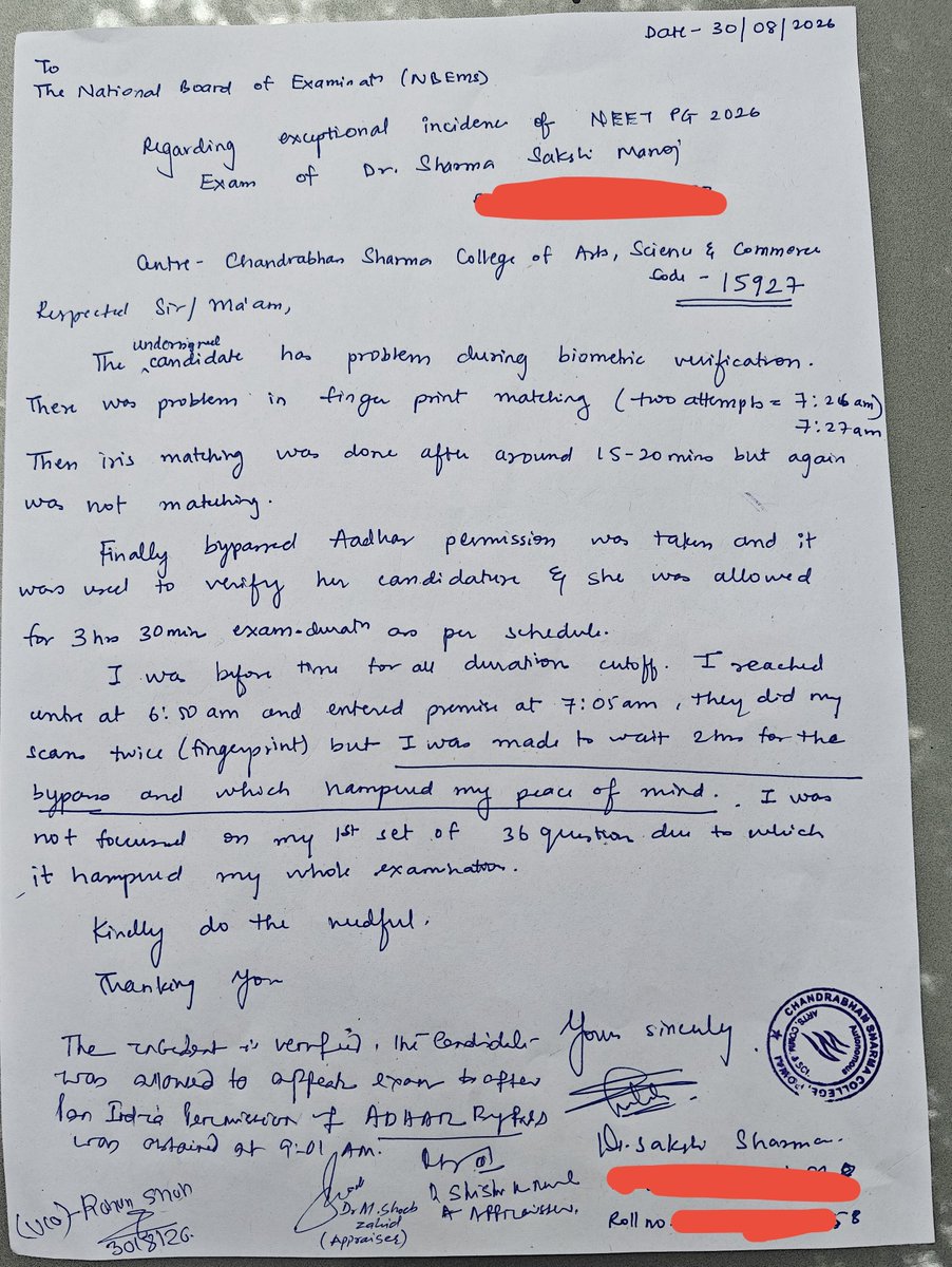 Sakshitalksalot's tweet photo. @NBEMS_Official I just want to know where is my fault or whose fault is this? 
I left my house at 6am to reach my center before time(6:50am) and entered the centre gate at 7:05am, failed all 3 fingerprinting verification attempts by 7:28am, they gave me bypass form to fill then+ https://t.co/5OD6VFmjOj