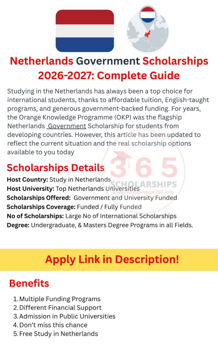scholarship_365's tweet photo. Netherlands Government Scholarships 2026-2027 is announced!

Applications are open for several Netherlands government-funded scholarships for the 2026–2027 academic year.

Available schemes include the NL Scholarship, Orange Tulip Scholarship, & merit-based university awards. These provide tuition reductions, living stipends, or travel grants for international students from outside the EEA.

Fields of study vary by university – engineering, business, computer science, social sciences, and more.

👉 Read guide for Apply: https://t.co/z0NUnmYB2d

Check the specific eligibility criteria, deadlines, and application procedures for each program .

Multiple Deadlines

Tag your friends and family!

#NetherlandsScholarship #StudyInNetherlands #Scholarships2026 #InternationalStudents #scholarships365
