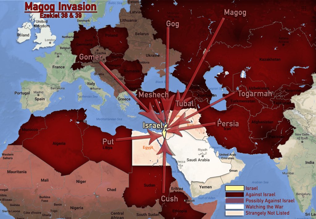 sophiemeaden's tweet photo. This is a prediction of who is for and against Israel in End Times from Ezekiel 38 & 39.

Somewhat scarily accurate and almost like the jews are trying to fulfil their prophecy as closely as they can. 

Notice how Saudi Arabia aren’t ’getting involved’ despite being so close? They’re jew-controlled too.