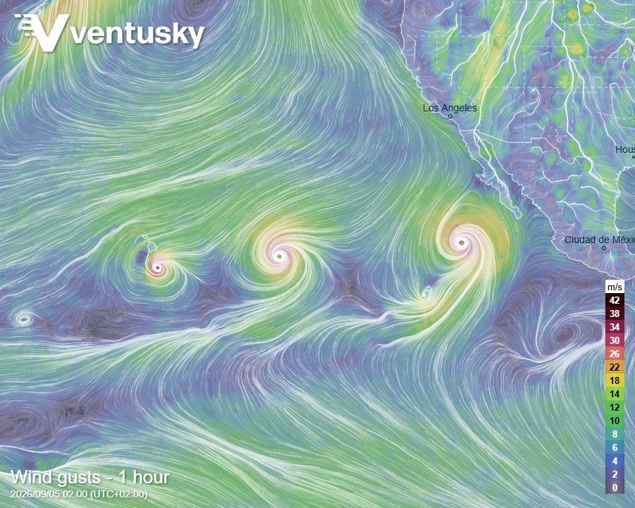 Ventuskycom's tweet photo. 🌀 As many as three tropical storms could be spinning across the eastern and central Pacific by the end of next week, with some of them potentially strengthening into hurricanes. 🌊 The unusually active pattern is being helped by the ongoing strong El Niño, which has contributed to warmer-than-average waters across parts of the eastern and central Pacific. 💨 El Niño also tends to reduce wind shear over the Pacific, allowing tropical systems to organize and strengthen more easily. Follow the developments on Ventusky: https://t.co/zbrHwQFJYY