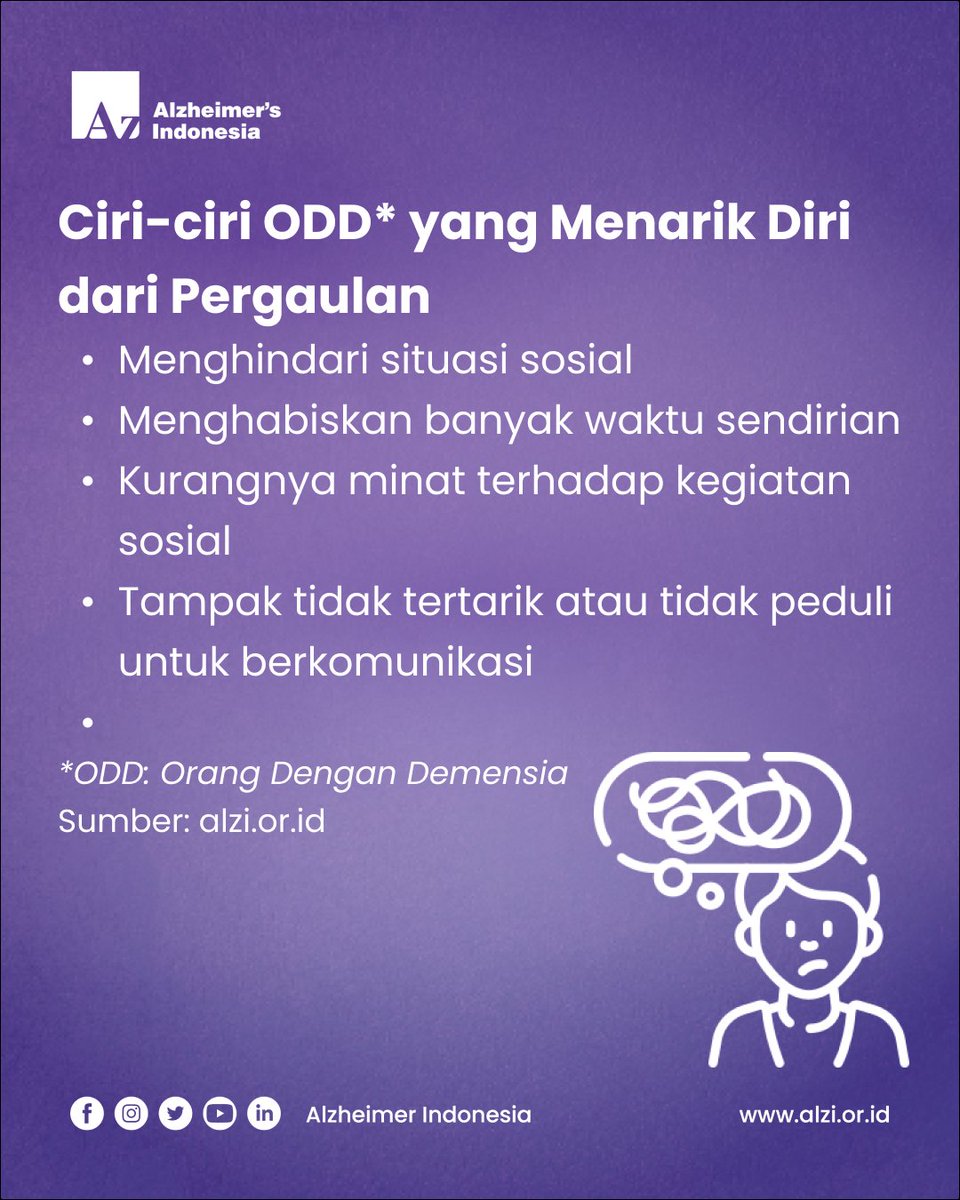 alzi_indonesia's tweet photo. Orang Dengan Demensia (ODD) Menarik Diri dari Pergaulan? Kenali Ciri dan Cara Mendampinginya💜

Menarik diri dari pergaulan pada ODD bisa menjadi tanda yang perlu diperhatikan. https://t.co/DaYYumgPAi