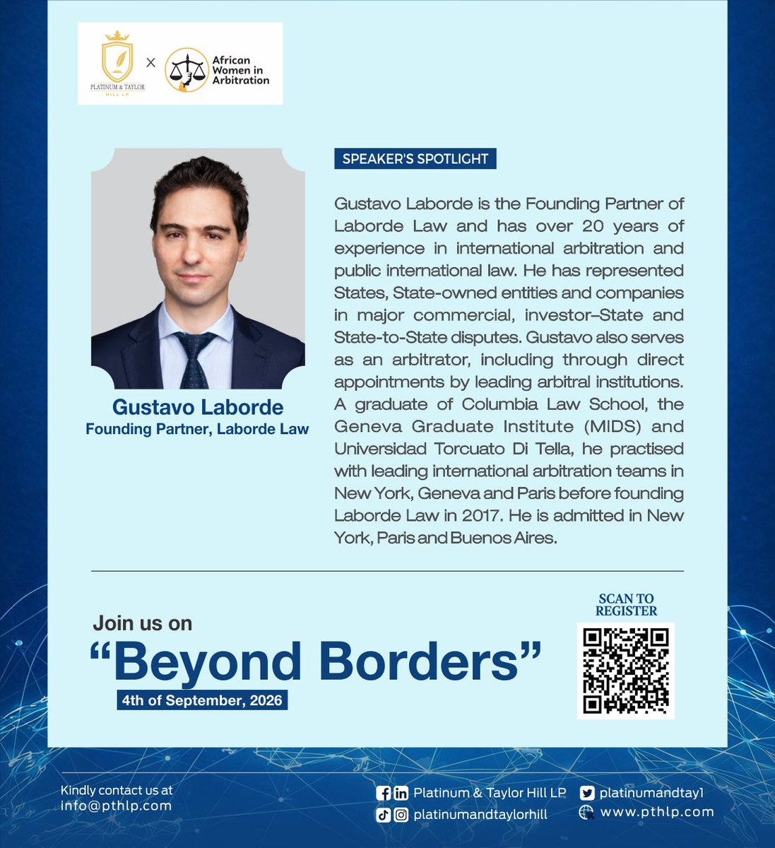 Platinumandtay1's tweet photo. Meet the Speakers π₯
At Beyond Borders, weβre bringing together experienced voices in international arbitration and investment law.
Speakers: Gustavo Laborde, Derrick K. Kunyiga, and Moderator, Aibo Priscilla
Register here today: https://t.co/6zTco2BNLh
See you there!
#PTHLP https://t.co/q0O1ol3DI8