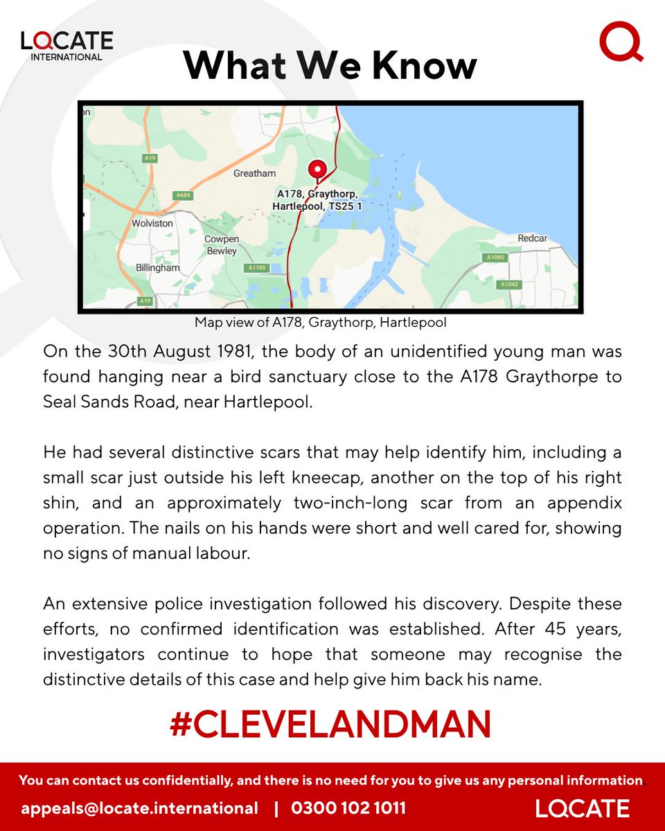 LocateCIO's tweet photo. 🔎 Who Was the Cleveland Man? 

45 years ago, on 30th August 1981, an unidentified man was found near a bird sanctuary close to Hartlepool. His identity remains unknown. 

If you have any information, please contact appeals@locate.international #LocateInternational #ClevelandMan https://t.co/Yn31RVVfrr