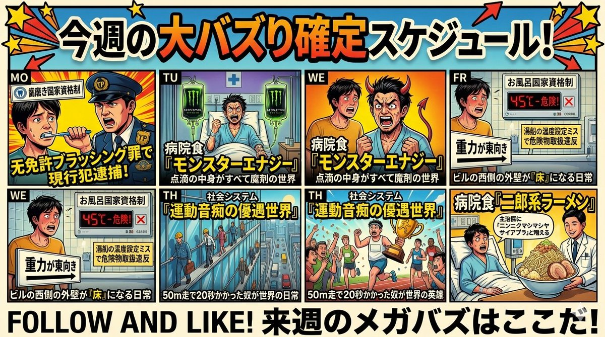 99mTc_gravity's tweet photo. 【今週のスケジュール】
今週も毎日18時にもしも〇〇だったらの世界のAI画像投稿します。このなかで気になるものや他にリクエストあればコメントで教えてください!
#スケジュール #AI画像 #もしもの世界 #パワーワード https://t.co/lbsSNYSRax