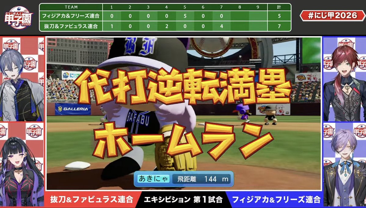 Niji_koshien's tweet photo. 【試合終了:エキシビション第1試合】

フィジアカフリーズ 9 - 10x  抜刀ファビュラス

白熱の第1試合は、抜刀ファビュラスの逆転サヨナラ勝ち！

フィジアカ無敵のリリーフ月ノ美兎からオリバーが同点HRを放つと、一気呵成に出てサヨナラ

三枝の代打逆転HRやAlbanの2ホーマーなど多数のHRと、小清水や御子神、Seibleに天宮の好守など多くのファインプレイが飛び出す大熱戦となった

#にじ甲2026