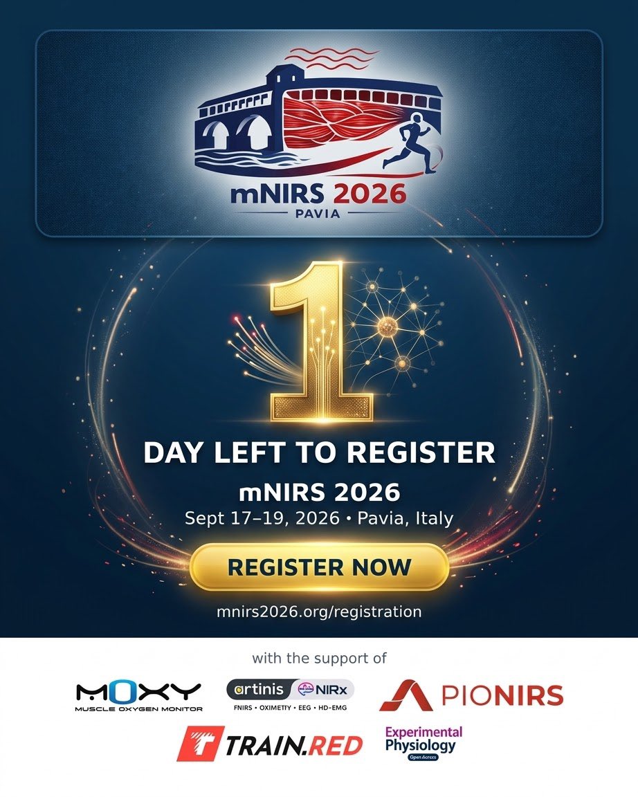 PorcelliSimone's tweet photo. ⏳ Registration for #mNIRS2026 (Sept 17–19, Pavia) closes tomorrow.

3 days, hands-on workshops, invited talks, free communications about muscle NIRS.

🔗 https://t.co/565XbWAXTE

@unipv @cuspavia @MoxyMonitor @pionirs_it @ExpPhysiol @Artinis_MS @NIRx_NIRS @TrainRedSensors https://t.co/Ut4TreL7v3