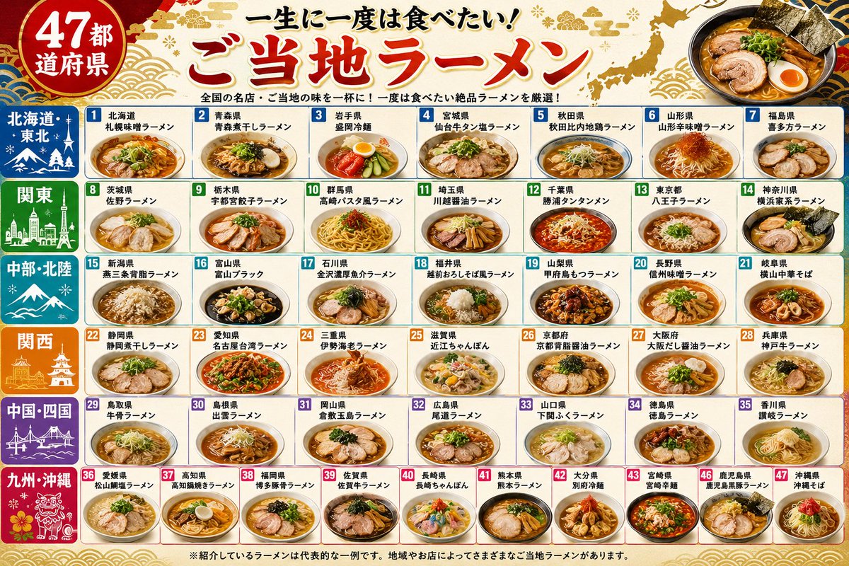 aki_shoken's tweet photo. 47都道府県 
絶対に一度は食べたい  
地元で人気のラーメン店
  (＊異論は認めます) https://t.co/g1ngXZBcuj