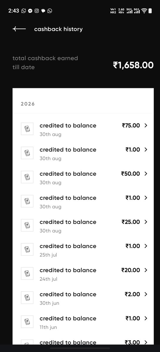 Legend_Dheeraj's tweet photo. @CRED_support @CRED_club On 30th Aug, I earned cashbacks of ₹25+₹1+₹50+₹1+₹75 (total ₹152), but only ₹75 has been credited to my CRED balance. The remaining ₹77 is missing despite showing in my cashback history. Please look into this and credit the pending ₹77 bal. ASAP https://t.co/lIS2LbUr3G