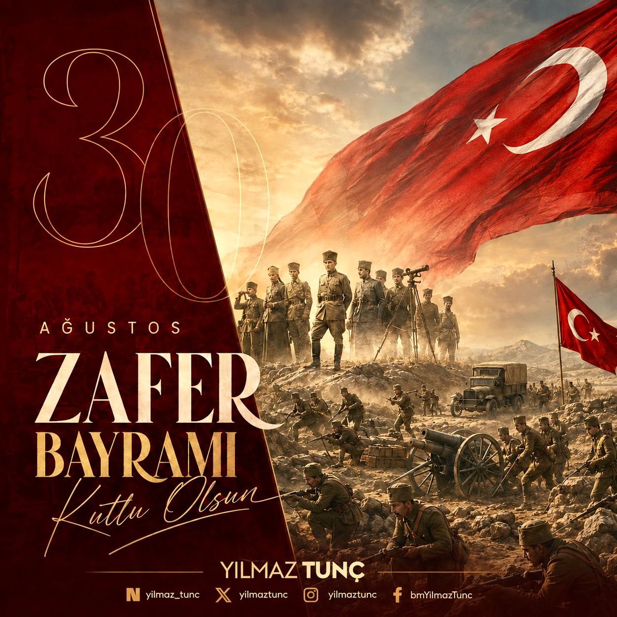 yilmaztunc's tweet photo. 30 Ağustos Zafer Bayramı’nın 104. yıl dönümünü milletçe büyük bir gurur ve coşkuyla kutluyoruz.

30 Ağustos, milletimizin bağımsızlığı, vatanı ve bayrağı uğruna birlik ve beraberlik içinde verdiği destansı mücadelenin zaferle taçlandığı; hiçbir şart altında esarete boyun eğmeyeceğini bütün dünyaya ilan ettiği bir gündür.

Kahraman ecdadımızdan aldığımız güçle; birlik, beraberlik ve kardeşlik içinde, Türkiye Yüzyılı hedeflerimiz doğrultusunda azim ve kararlılıkla çalışmaya devam ediyoruz.

Başta Gazi Mustafa Kemal Atatürk olmak üzere İstiklal Mücadelemizin bütün kahramanlarını, aziz şehitlerimizi ve gazilerimizi rahmet, minnet ve şükranla yâd ediyorum.

#30AğustosZaferBayramı’mız kutlu olsun. 🇹🇷