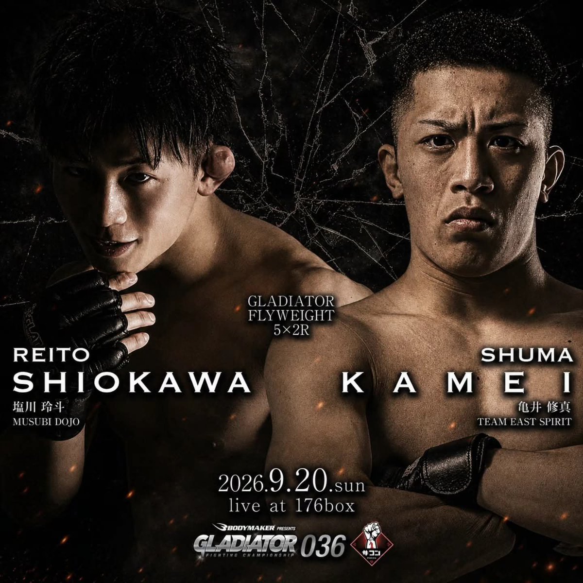 GLADIATOR_MMA_'s tweet photo. GLADIATOR 036 対戦カード発表！

2026 9.20 sun
BODYMAKER presents
｢GLADIATOR 036｣
 
■GLADIATORフライ級5分2R
岩崎圭吾(SMOKERGYM)
vs
竹野海佑(allmyhomies)
 
■GLADIATORバンタム級5分2R
上荷大夢(TEAMAGENT)
vs
堀之内蒼斗(BRAVEGYM)
 
■GLADIATORライト級5分2R
徳野"一心"一馬 (UBF)
vs
伊藤幸真(ウィーツ彦根)
 
■GLADIATORフライ級5分2R
塩川玲斗(MUSUBI DOJO) 
vs
亀井修真(TEAM EAST SPIRIT)
 
【大会概要】
■開催名：BODYMAKERpresents
「GLADIATOR 036」
 
■日時：2026年9月20日(日)
開場/11:00 開始/12:00予定
 
■会場：176BOX 
〒561-0831 
豊中市庄内東町5丁目7−25
 
■チケット料金【発売中】
VIP席 25,000円
自由席 9,000円 
※1歳よりチケットが必要
 
■主催・問い合わせ・チケット販売
GFスポーツインターナショナル
（073-499-7787)
9時〜17時 日、祝休日
 
■公式HP
https://t.co/nkEfsC2vR3
 
#gladiator
#bodymaker
#THE1TV