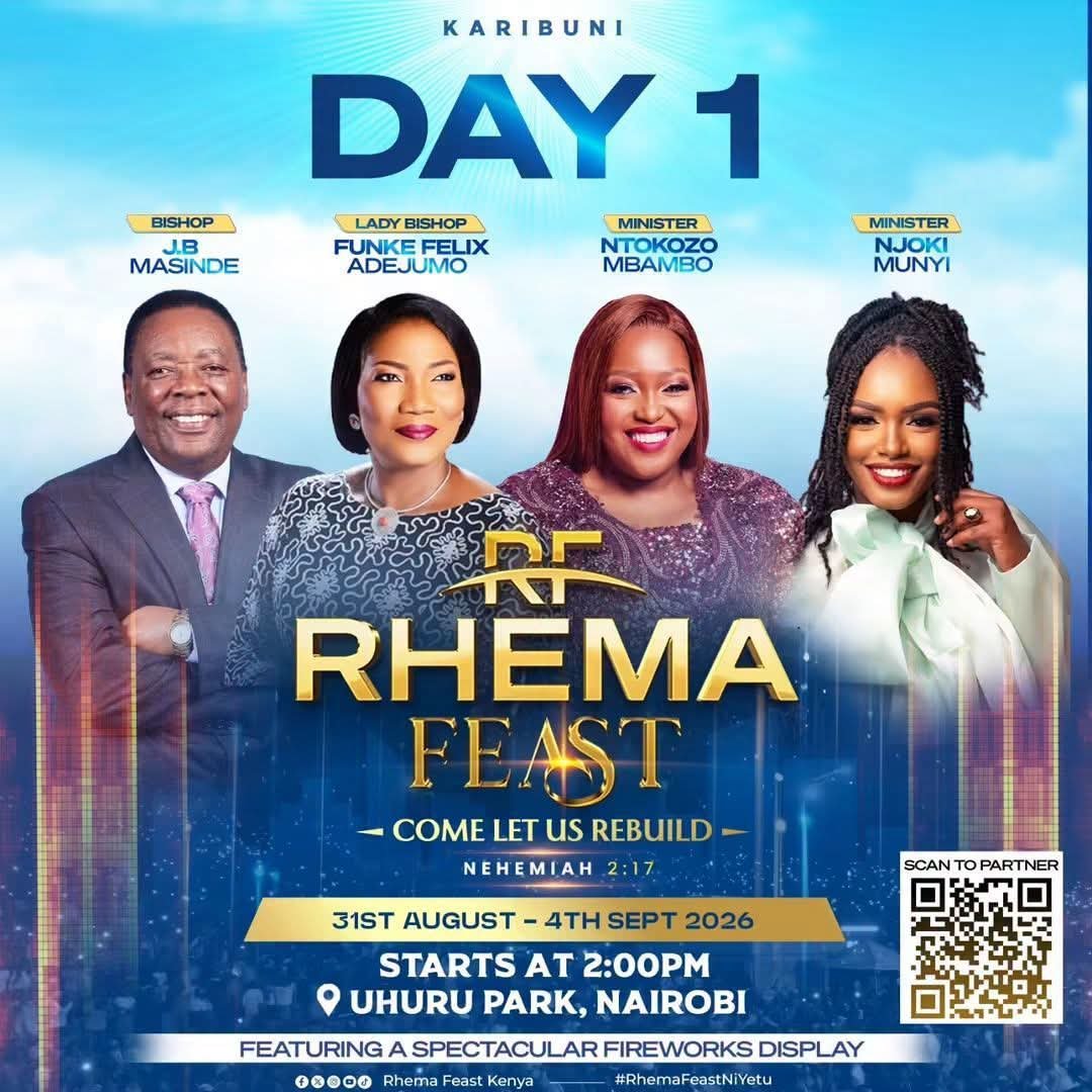 ngachuri's tweet photo. We’re kicking off Rhema Feast 2026 with an incredible lineup! 🙌🏽
📍 Uhuru Park, Nairobi
⏰ We start at 2:00PM
🎤 Bishop J.B. Masinde
🎤 Lady Bishop Funke Felix-Adejumo
🎤 Minister Ntozoko Mbambo
🎤 Minister Njoki Munyi

And that’s not all… we’re ending Day 1 with a spectacular https://t.co/kTx4hCbNEQ